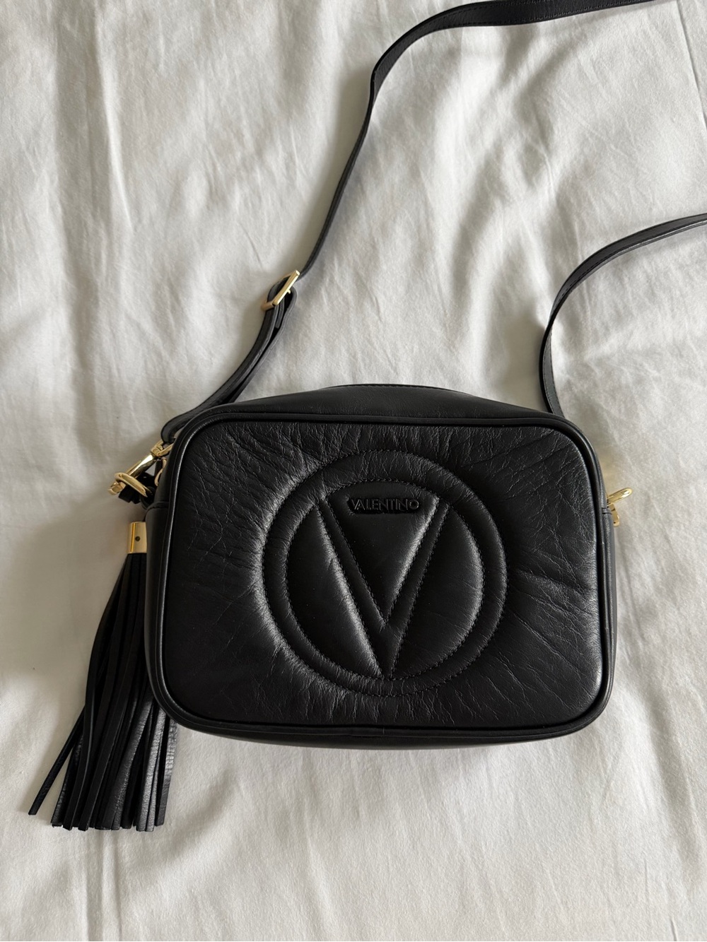 Valentino Black Leather Embossed V Logo Crossbody Camera Bag with Tassel - Picture 2 of 11